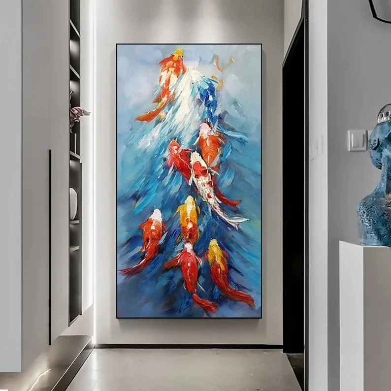 Huge Size  Abstract Colorful Red Carps Canvas Oil Painting Custom Handmade Koi Fish Gift For Home Decoration