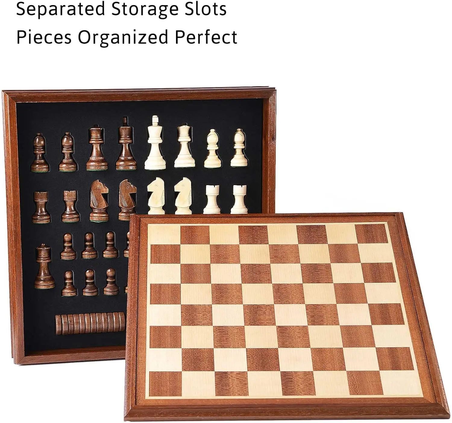 Chess and Checkers Board Game Sets for Adults Wooden Deluxe 15 inch Wood Board Box with Storage Classic 2 in 1with Chess Pieces