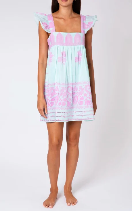 Relax Women Sea Breeze Dhaka Print Baby Doll Dress In Aqua & Pink Perfect Summer Cute Girls Fun Mini Sundress
