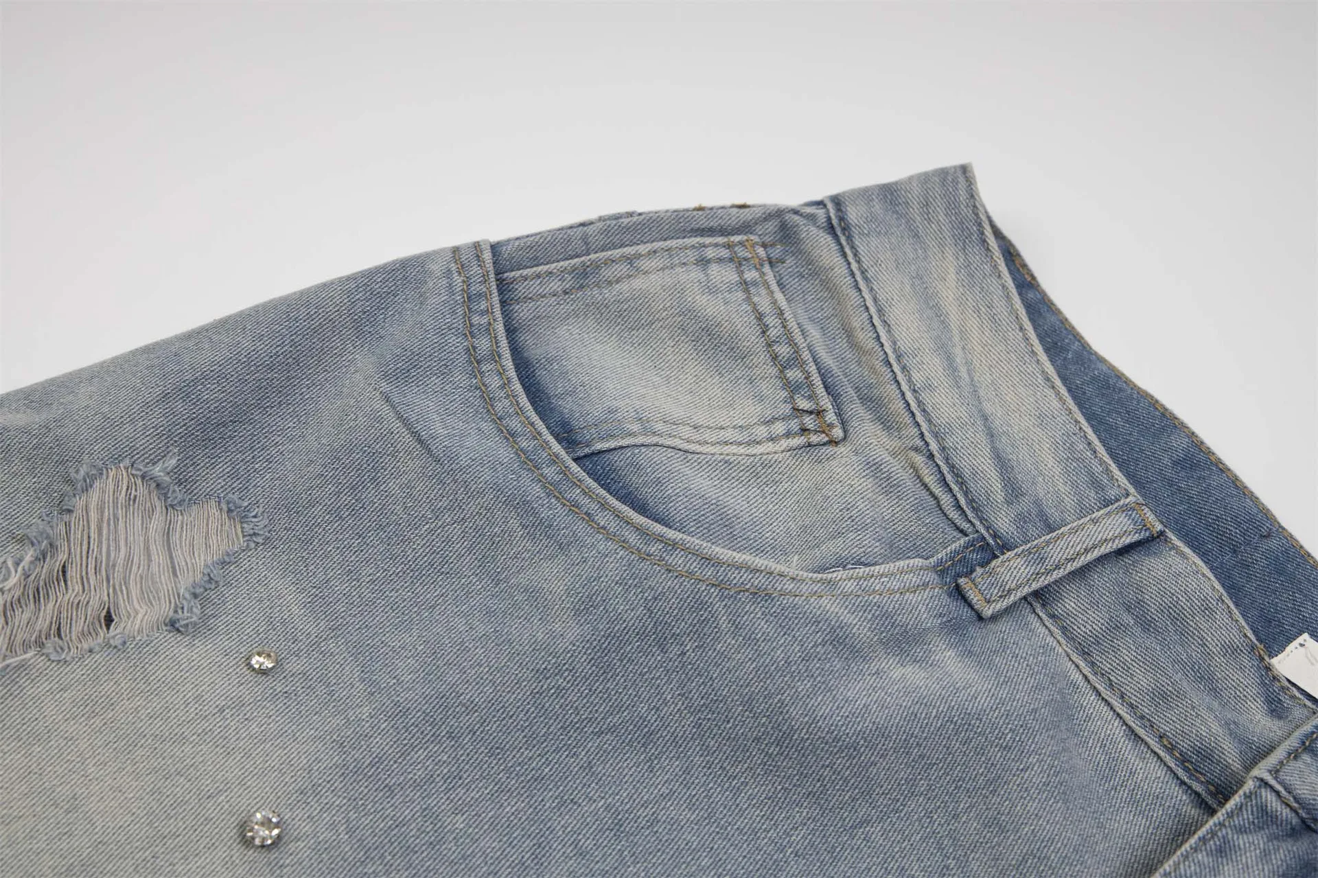 Custom Custom Summer Sweat jorts Raw Hem mens jeans shiny Rhinestone Wash Streetwear jeans Shorts For Men