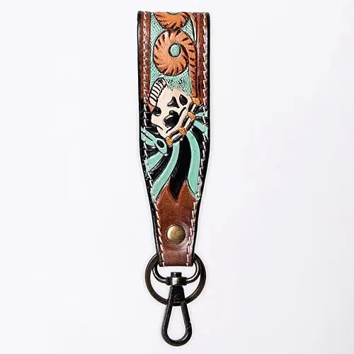 Leather Wristlet Key Fobs Embossed Floral Print Leather Key Rings Hand Tooled Leather Accessories Key Straps