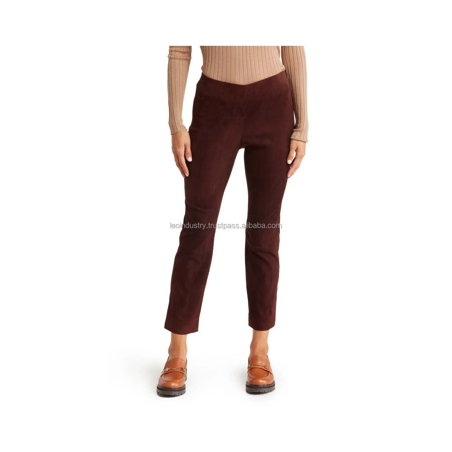 Newly Released Black Stretch Genuine Leather Pants Women High Waist Casual Sport Style Stacked Pattern PU Leather Canvas Fabric