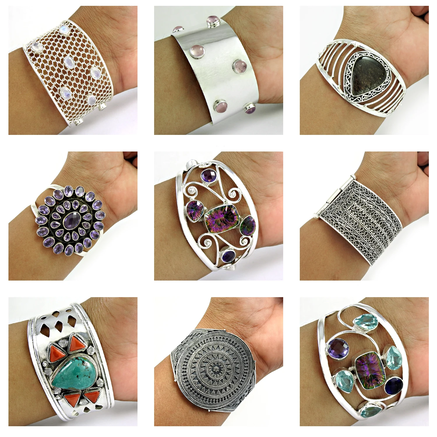 925 Sterling Solid Silver Turkish Jewelry Multi Stone Bracelet Natural Gemstone Bangle Indian Oxidized Bracelet Hallmark Jewelry