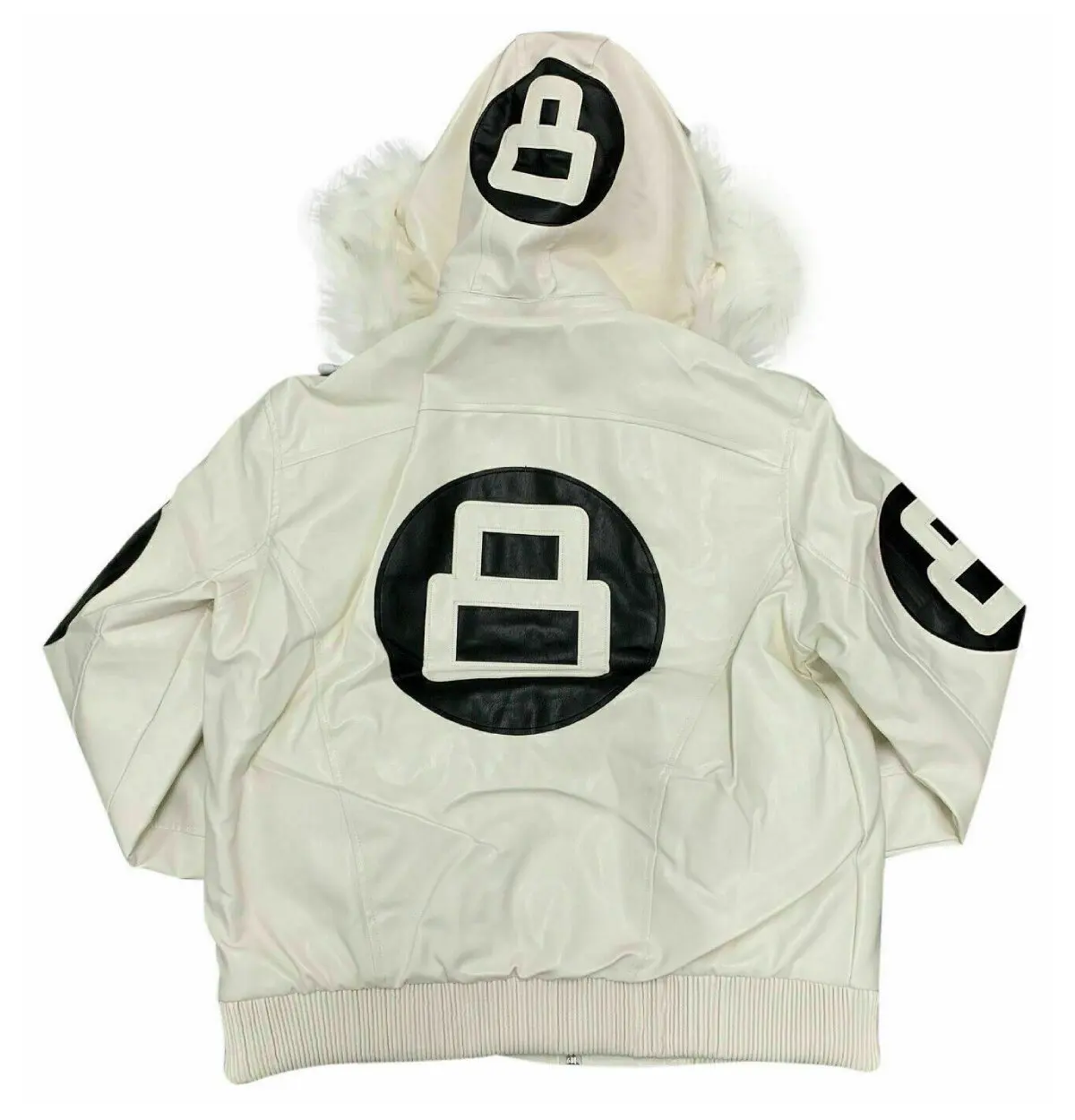 Green And Black And White 8 Ball Bomber Jacket With Fur Hooded Collar Zipper Closure Genuine Lamb Leather Bomber Jacket