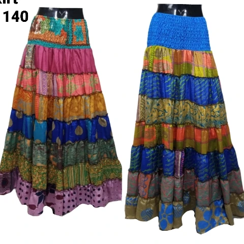 Indian boho vintage style casual silk and saree long frill skirt modern designs and fancy style boho frill saree skirt