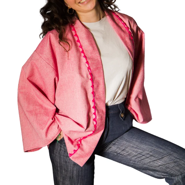 Linen Kimono Handcrafted pink for women with handmade embroidery made in Italy italian design sustainable Summer and Spring
