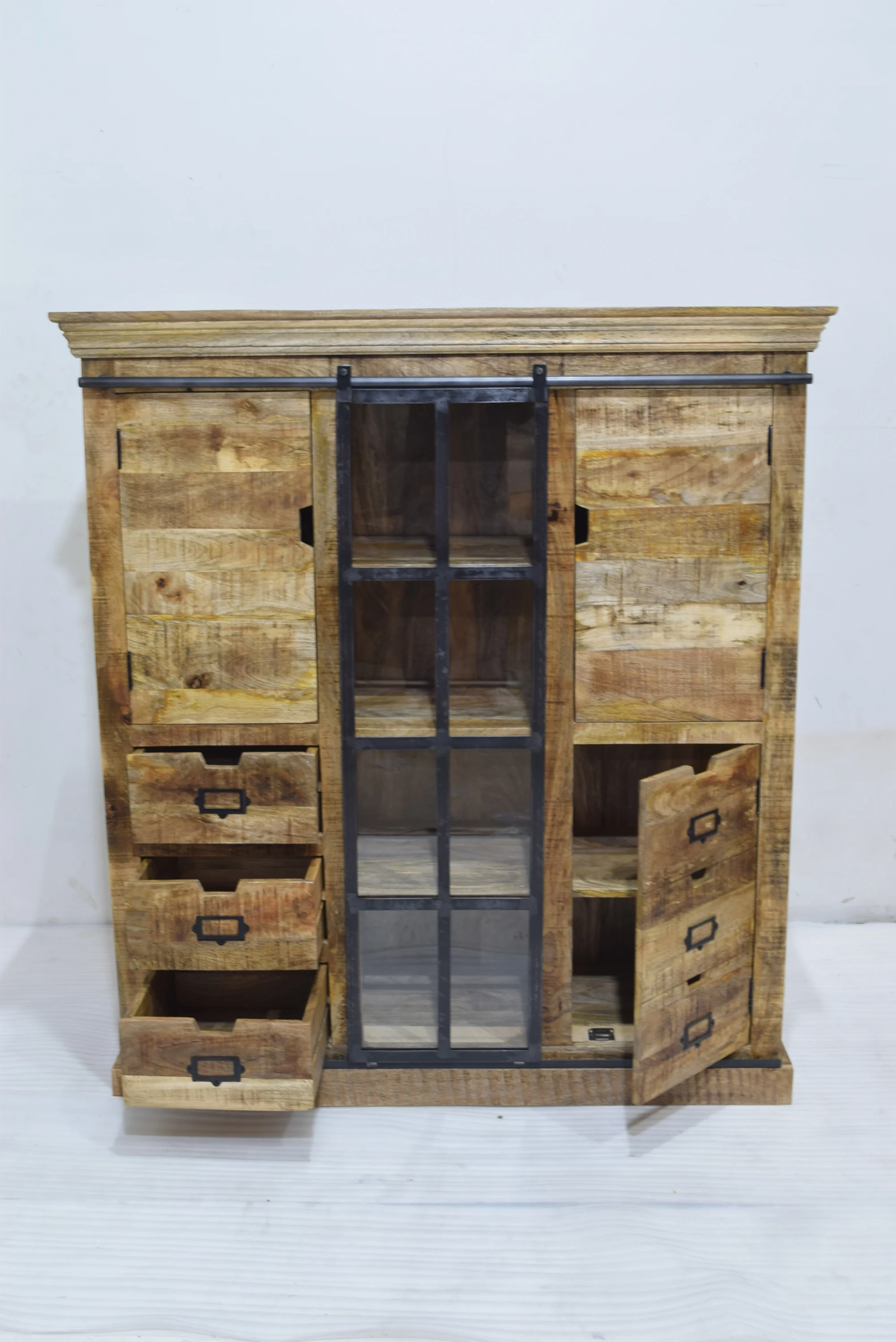 Industrial Design Vintage Style Mango Wood 2 Door Glass Panel Sliding Door Storage Cabinet with 6 Drawers Big Cabinet for Home
