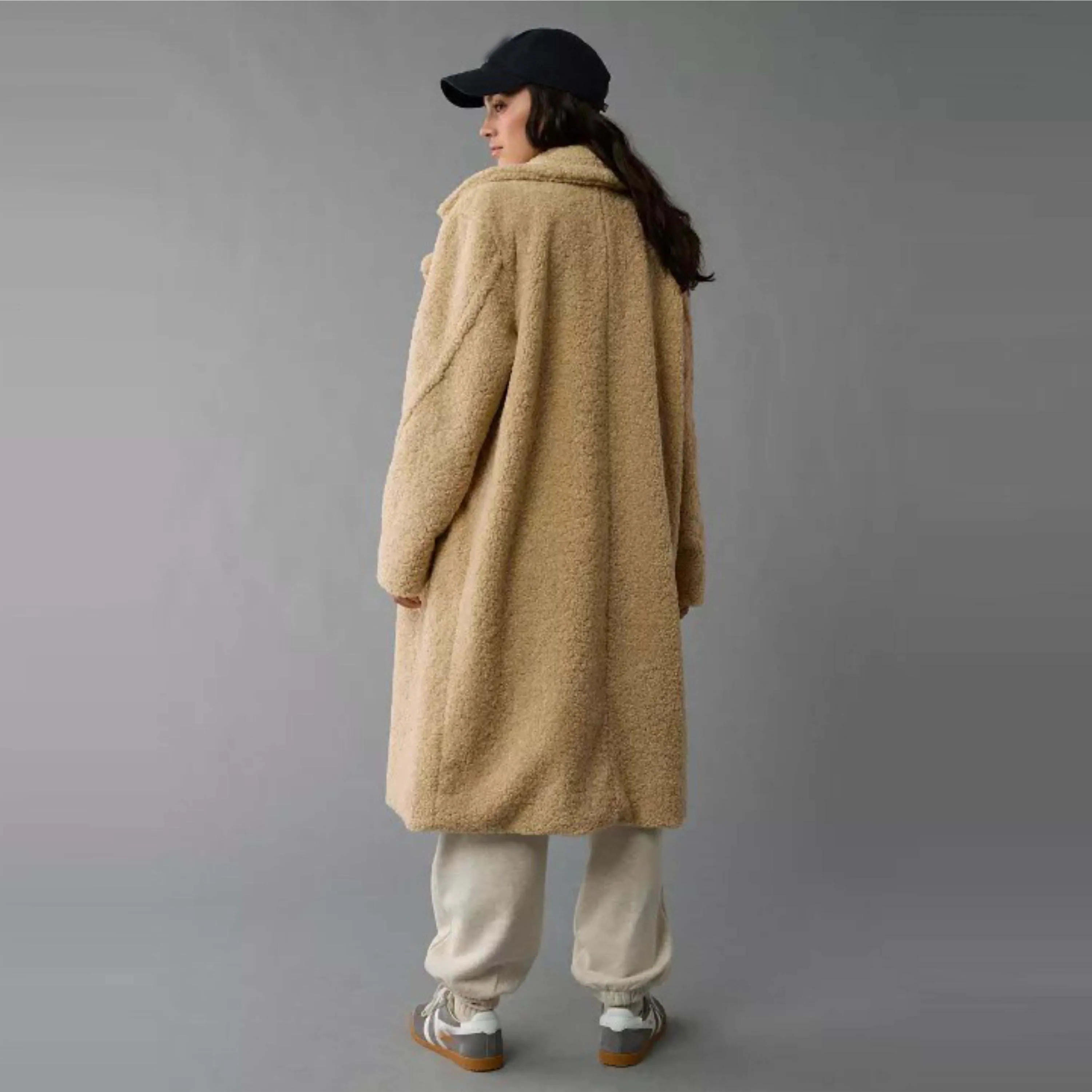 OEM Custom Manufacturer Trendy Teddy Bear Khaki Long Coat | Warm and Durable Winter Outerwear for Women