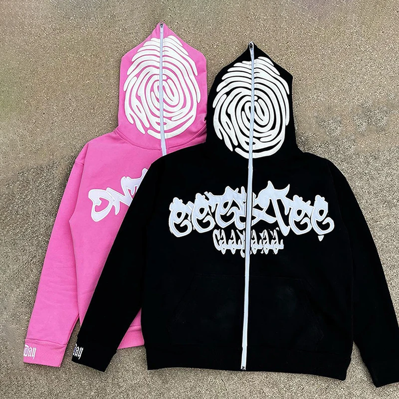 custom manufacturer hip hop streetwear embroidery logo puff printing full face zip up hoodie for men