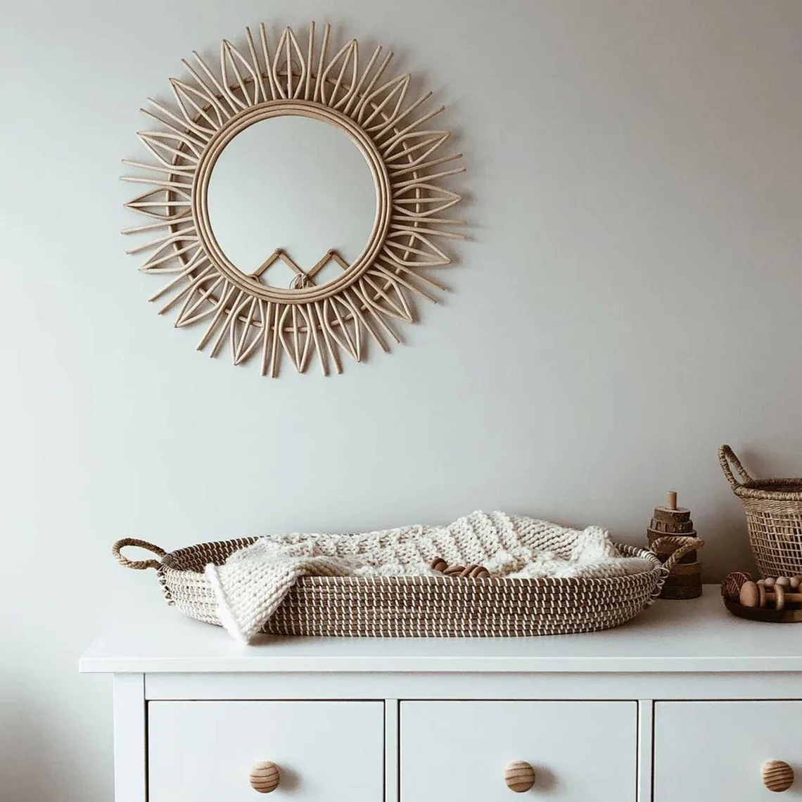 Rattan Mirror Petal mirror Wall Hanging Framed Wall Mirror, Boho Decor Bohemian Home Decor, rustic Rattan Mirror