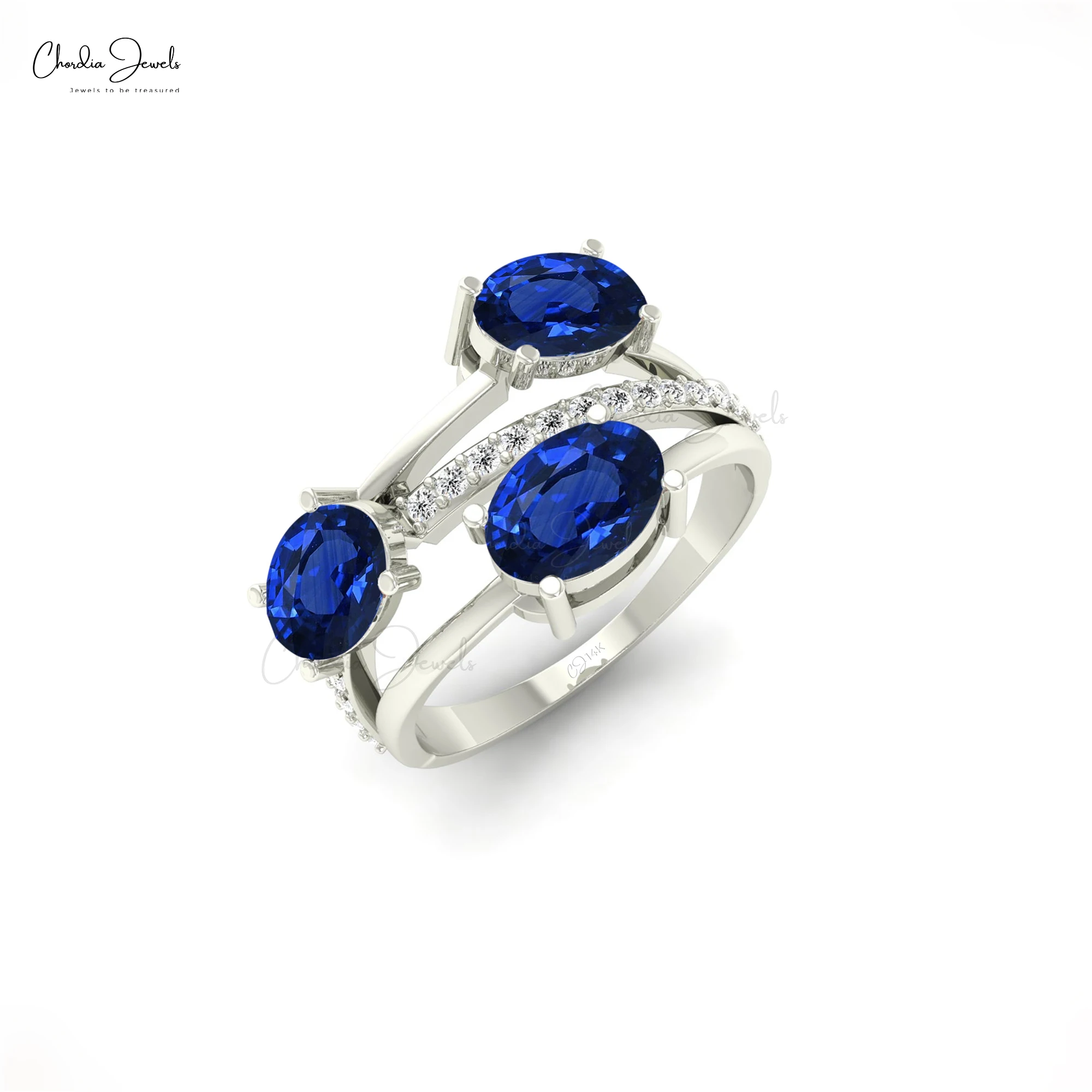 MOQ 1 PC Custom High Quality 14K Gold Diamond Wedding Ring With Blue Sapphire 7X5MM Oval Cut Three Stone Jewelry Bulk Wholesale
