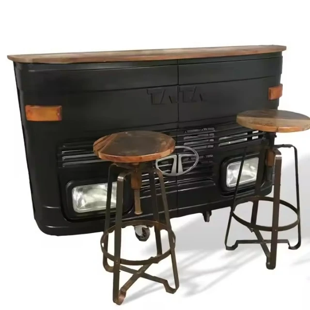 Black tata truck bar cabinet with Solid Wood rustic top bar tables with metal base living room cabinets Industrial bar chairs