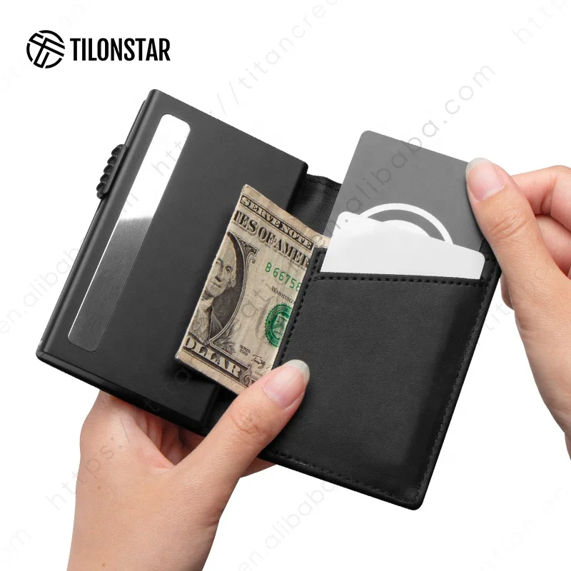 TILONSTAR TVC329 Pop Up Rfid Card Holder With Id Windows Slim Leather Aluminum Credit Card Holder Wallet For Men