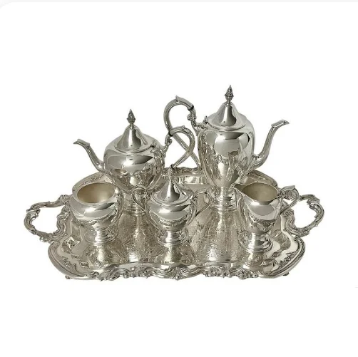 Silver Ottoman Trim Wedding Gift Kitchen Tabletop Teapot Serving Tea Wooden Handle Metal Turkish Coffee Pot Set Turkish Tea Set