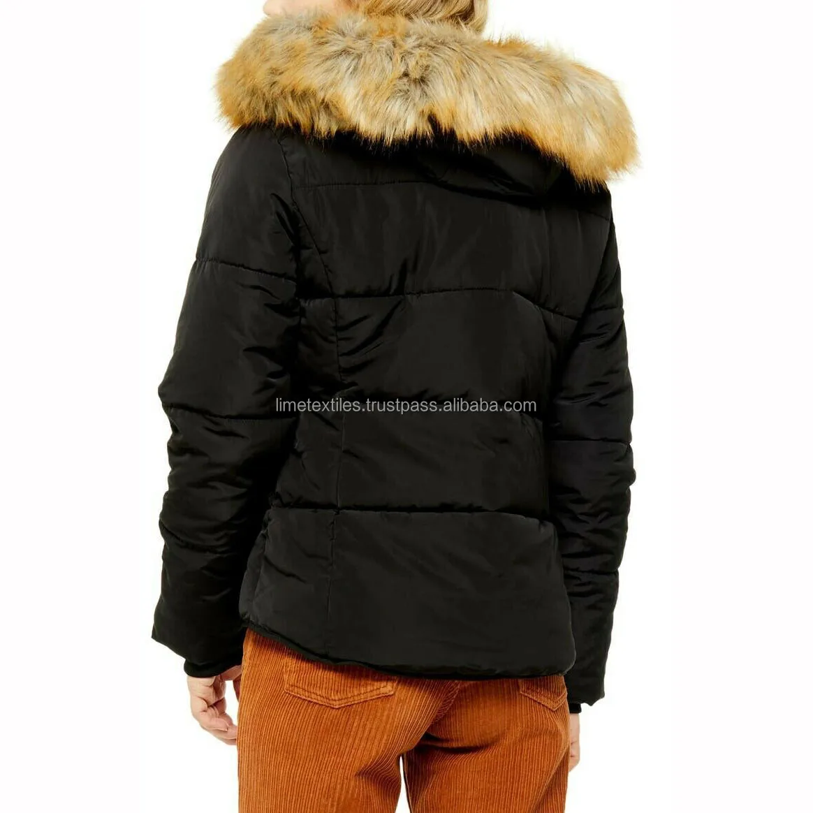 Fashion Warm Shiny Padded Puffer Jacket Black Short Women Quilted Coat Puffer coat with big fur hood Black Shiny Puffer Coat