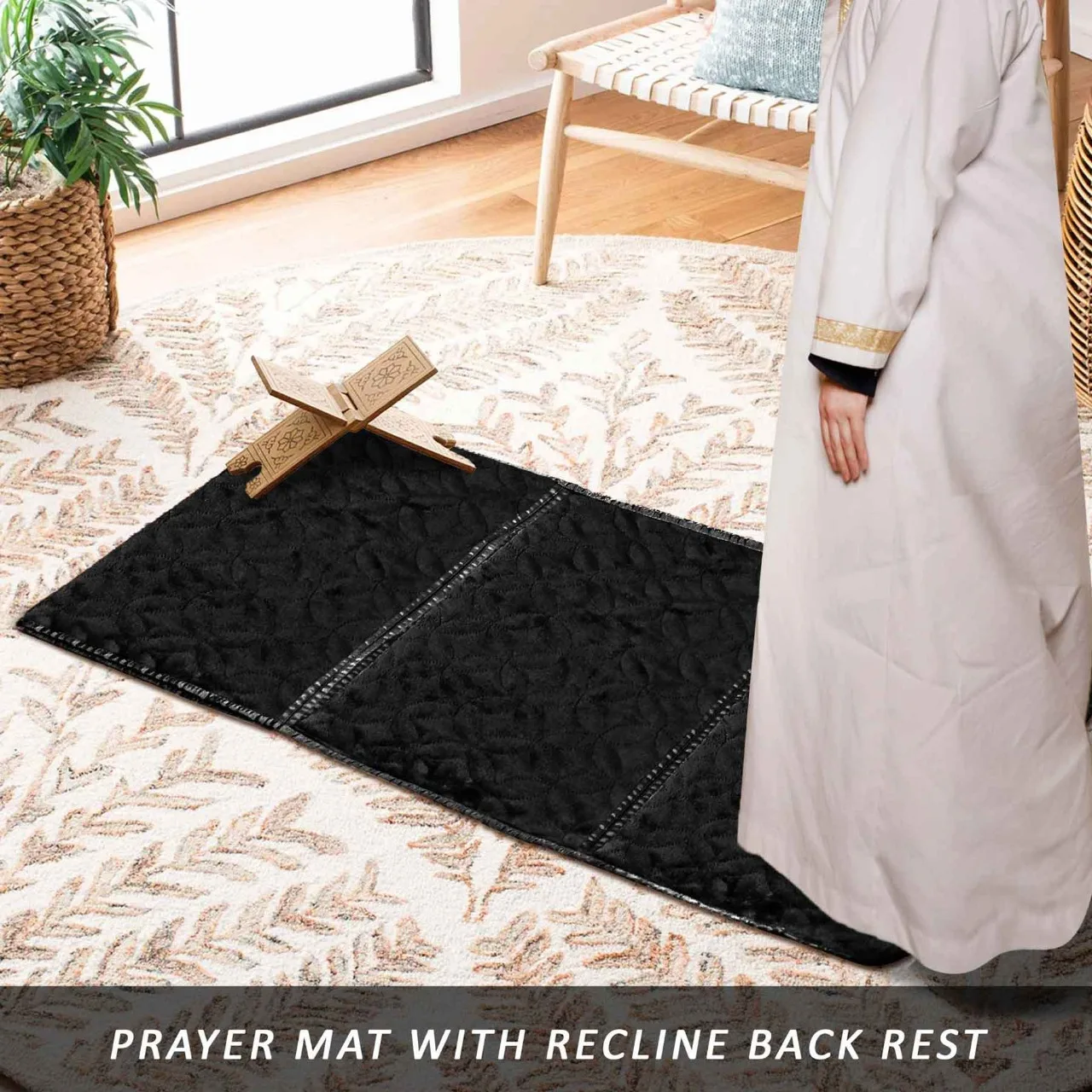 New Plain Foldable Rest Back Take Black Thick Prayer Mat Muslim Carpet Islam Foldable Prayer Mat With Back rest prayer mat sets