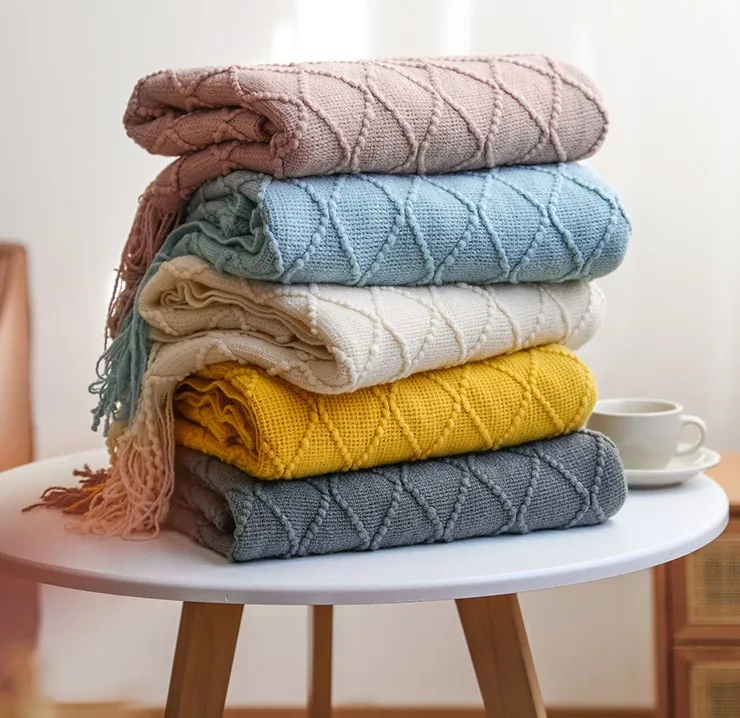 Wholesale 100% Acrylic Fringe Knit Solid Home Decor Throw Blankets Chair Sofa Couch Bed Coverings