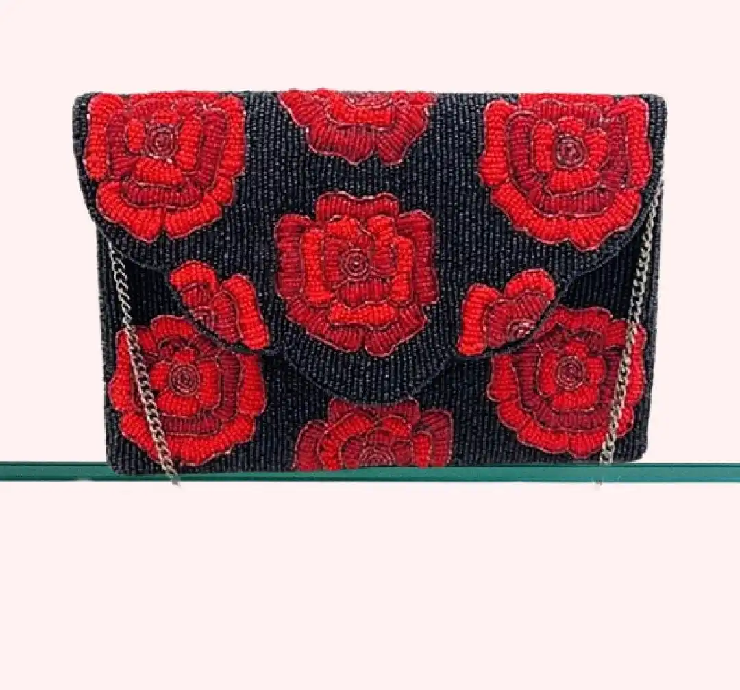2024 Hot Sales Red Rose Pink Black Floral Seed Beaded Clutch Chain Crossbody Bag Boho Handbag