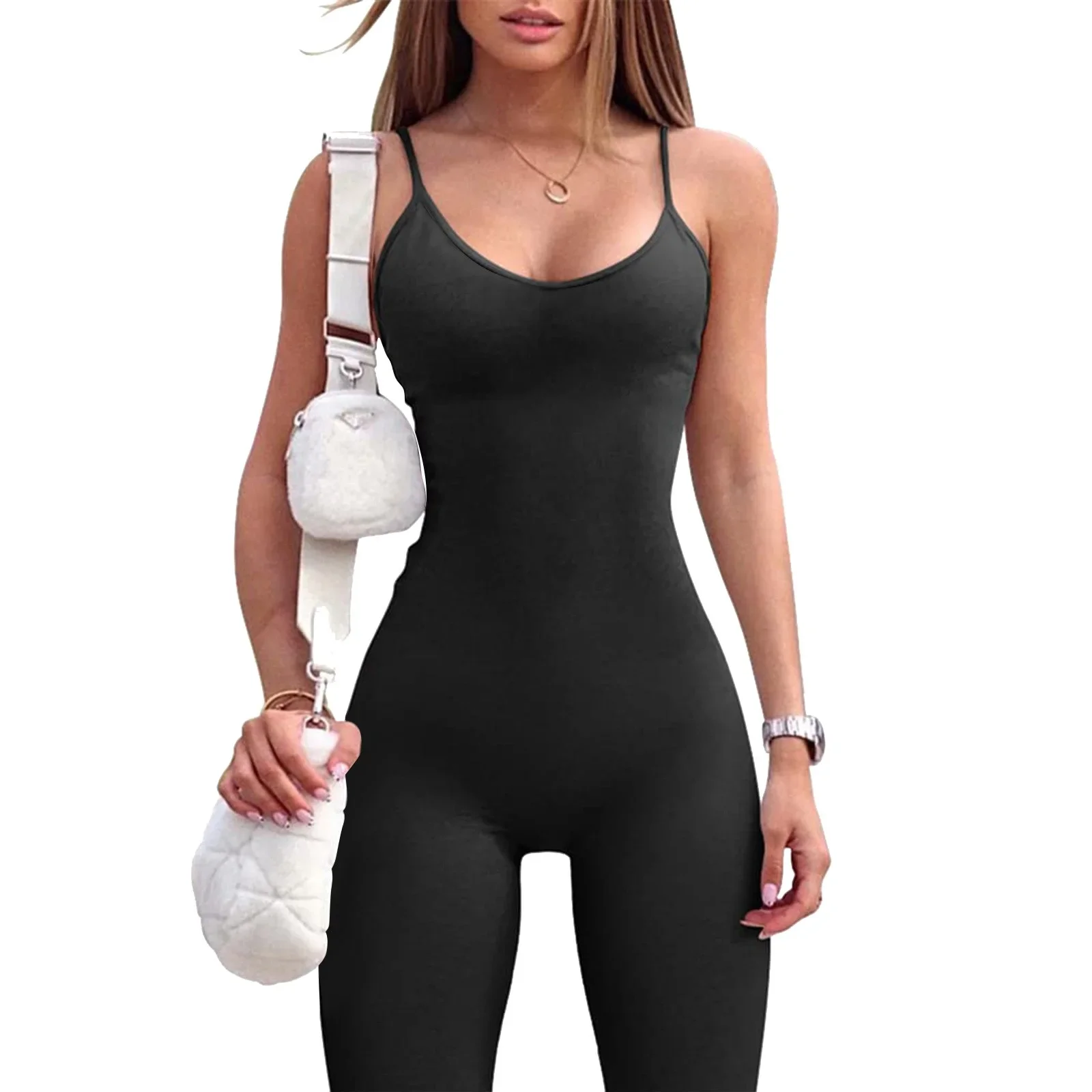 Women Bodysuit Casual Seamless Spaghetti Strap Leisure Yoga Workout Gym Leggings Padded Bra Jumpsuits for Women Casual Summer