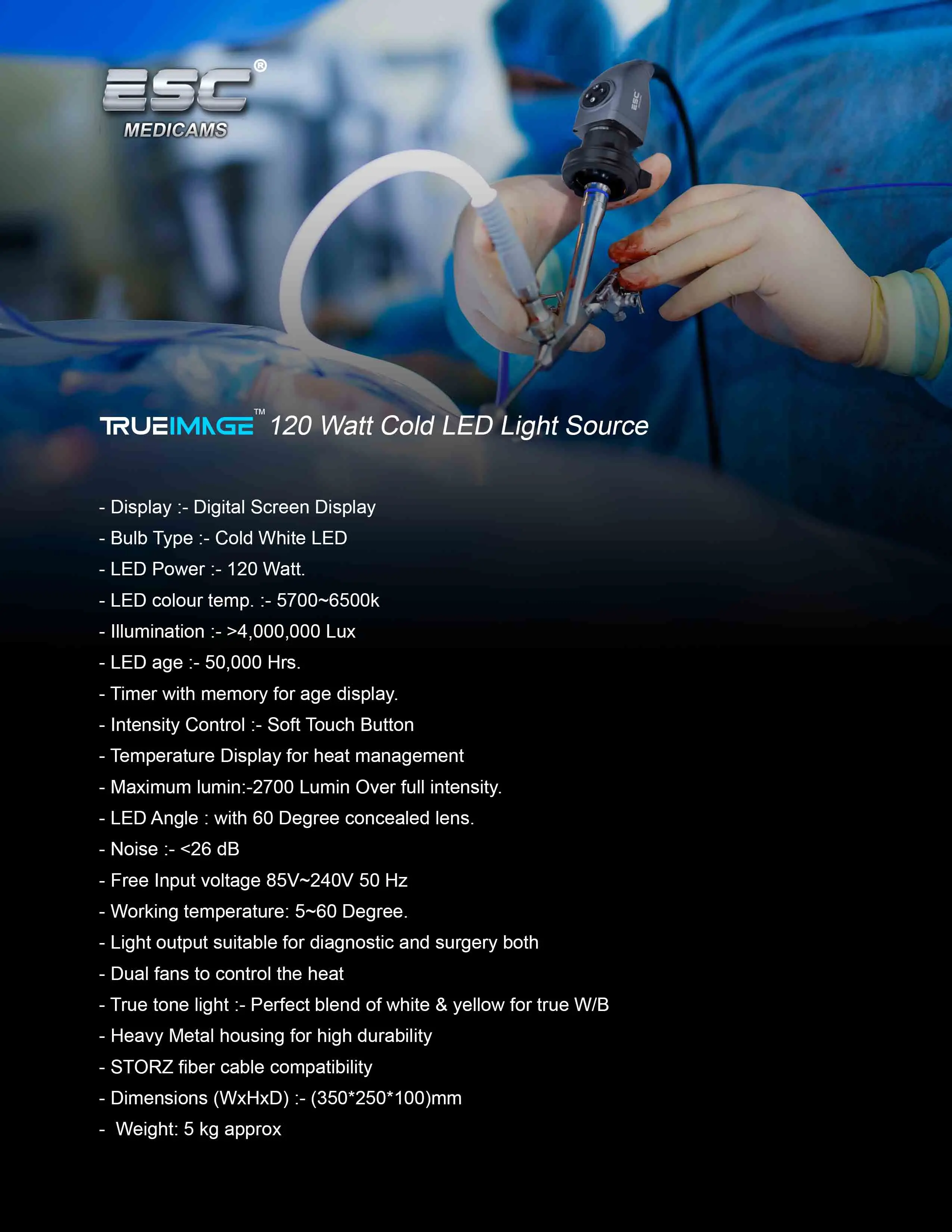 Endoscope Medical Portable Cold LED Light Source 120W for Endoscopy Laparoscopy with Storz-type Fiber Optic Cable