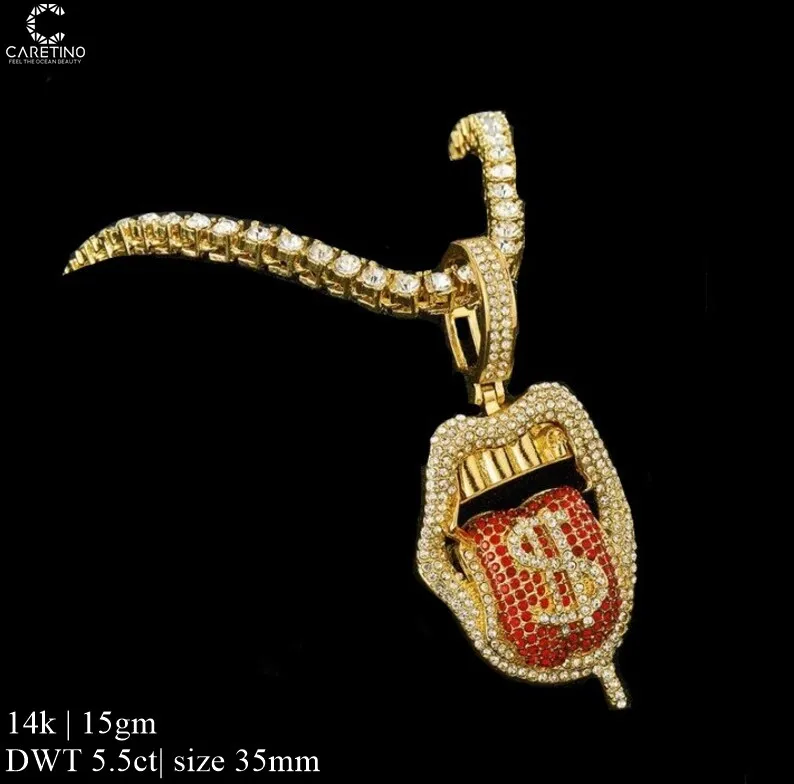 Iced Out Pendant Dollar Sign On Tongue Iced Out CZ Chain Hip Hop Iced Out Necklace Rap Punk Chain Rock Clubs Disco Diamond