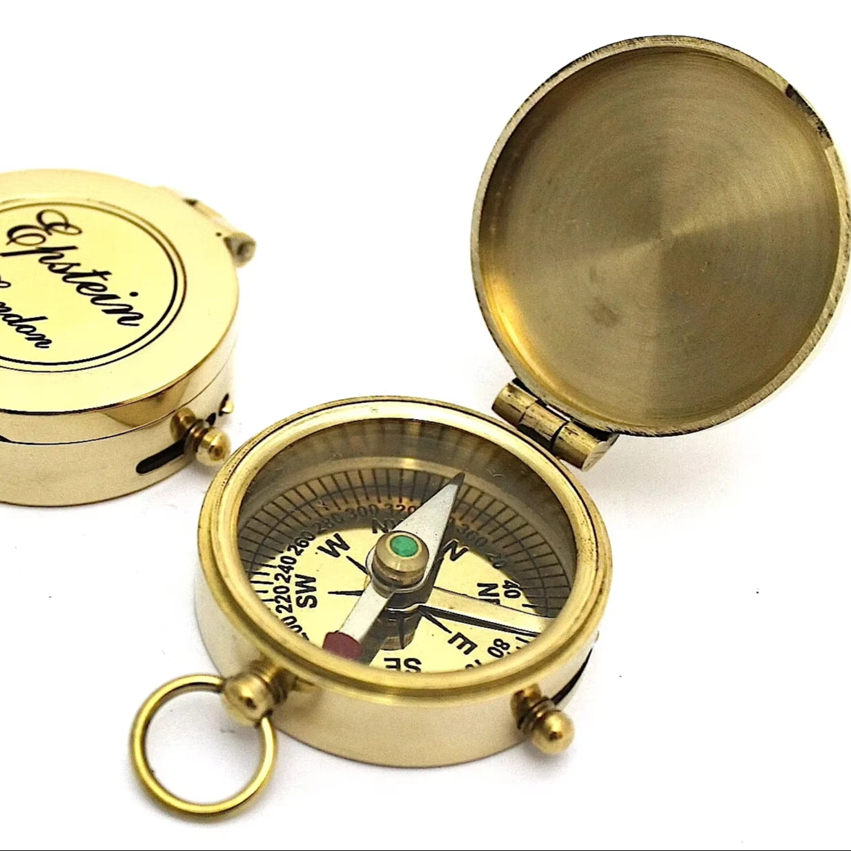 Epstein London Vintage Brass Nautical Pocket Compass Engraved Maritime Collectible Hinged Lid Keyring Pointer Dial Display