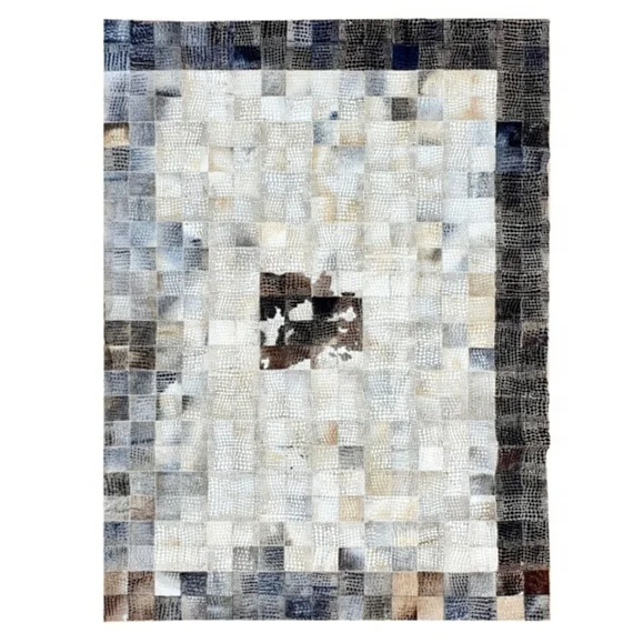 Modern Design Laser Engraved Colorful Hair on Handmade Pure Genuine Cow Leather Patchwork Area Rug