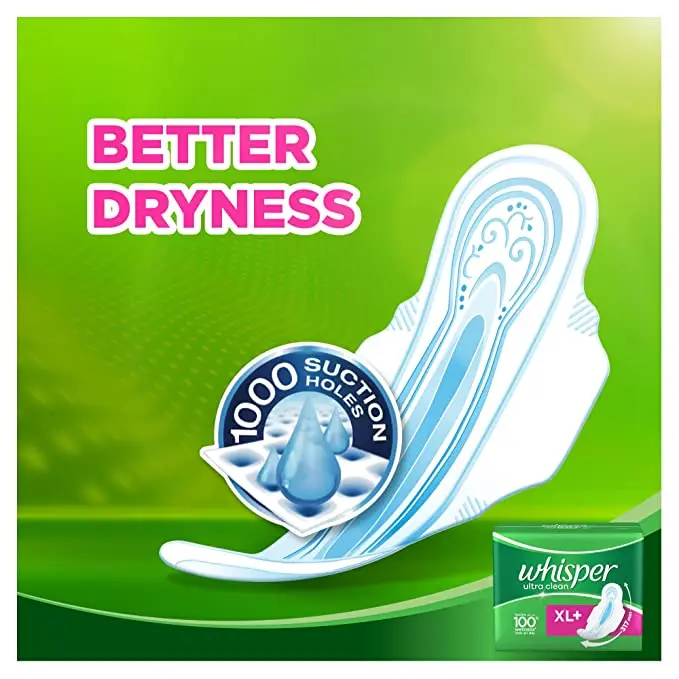 Whisper Ultra Clean Sanitary Pads For Women XL + 7 Napkins With 3 Smart Layers Long Lasting Coverage