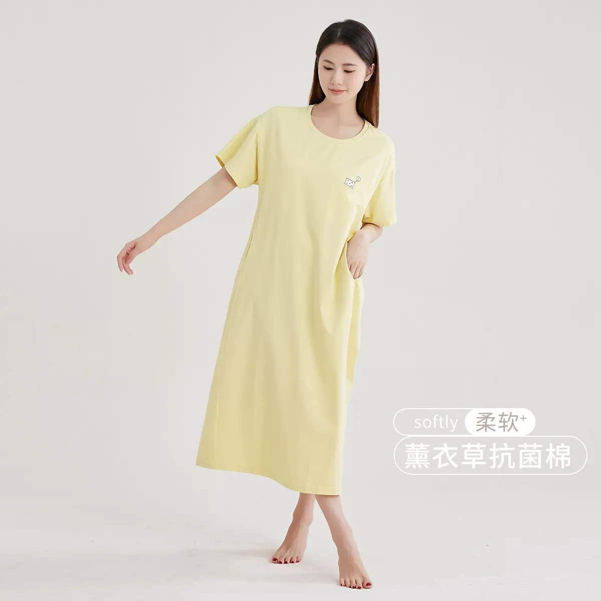 Wholesale Custom Casual Dress With Bra Pads Calf Length Short Sleeve Ladies Cotton Embroidery Cooling Bamboo long Tshirts Dress