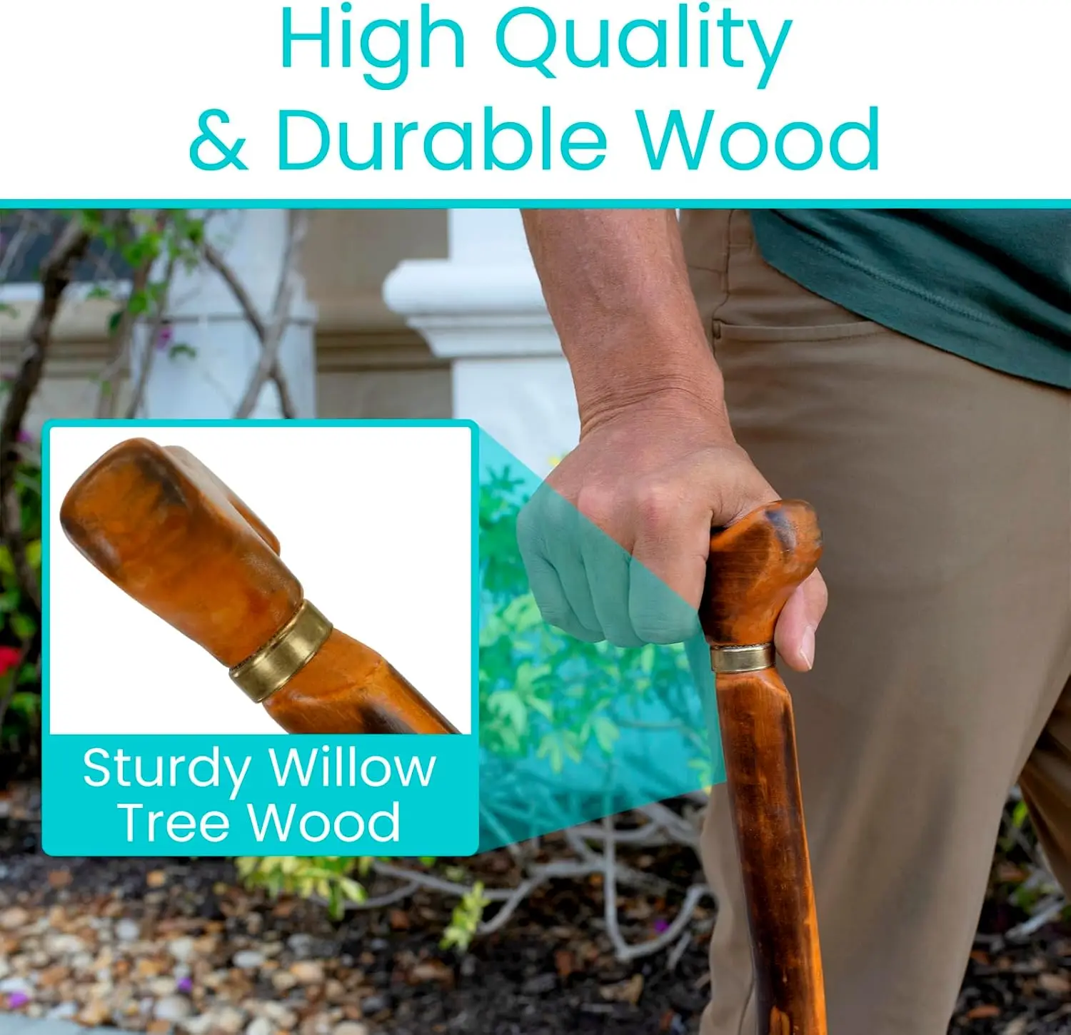 36-Inch Wooden Walking Stick Cane with Willow Handle Single Point Rubber Tip for Men Women Seniors for Hiking Outdoor Activities
