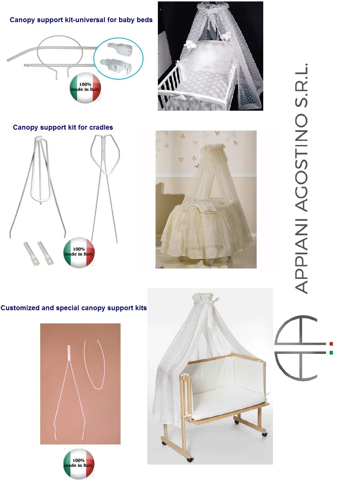 100% Italian Made Bed Canopy Structure Metal Pole White or Cream for Children Room for Bed or Crib with Hanging Clips