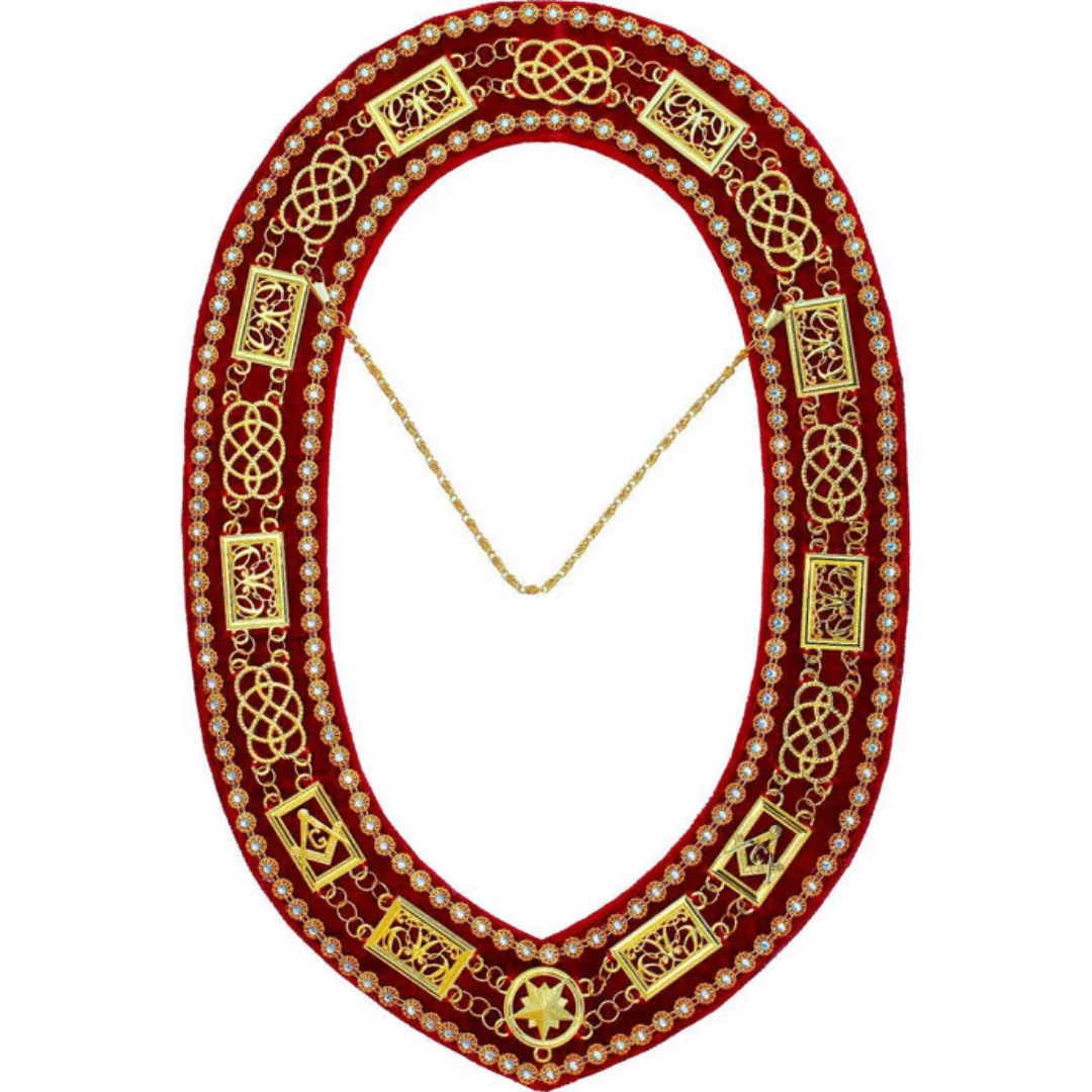 Wholesale GRAND OFFICERS BLUE LODGE CHAIN COLLAR GOLD PLATED WITH RHINESTONES ON RED VELVET