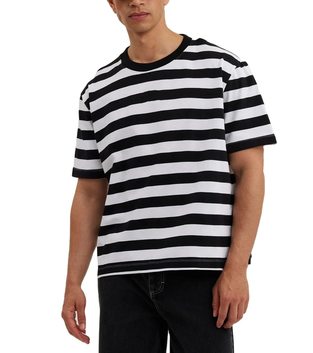 Wholesale Custom 280gsm 300gsm 320gsm Heavyweight 100% Cotton Black White Strips Oversized Drop Shoulder Men t Shirt