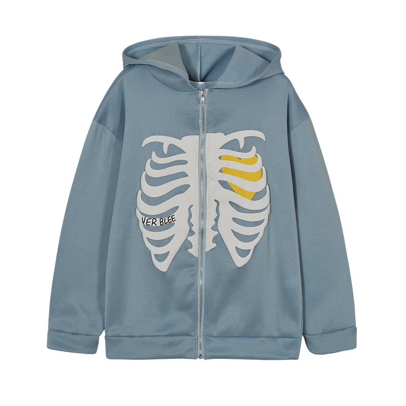 American Fashion Hot-selling Skeleton Printing Anime Men Women Long Sleeve Zipper Hoodie Jacket Loose Casual Streetwear Pullover