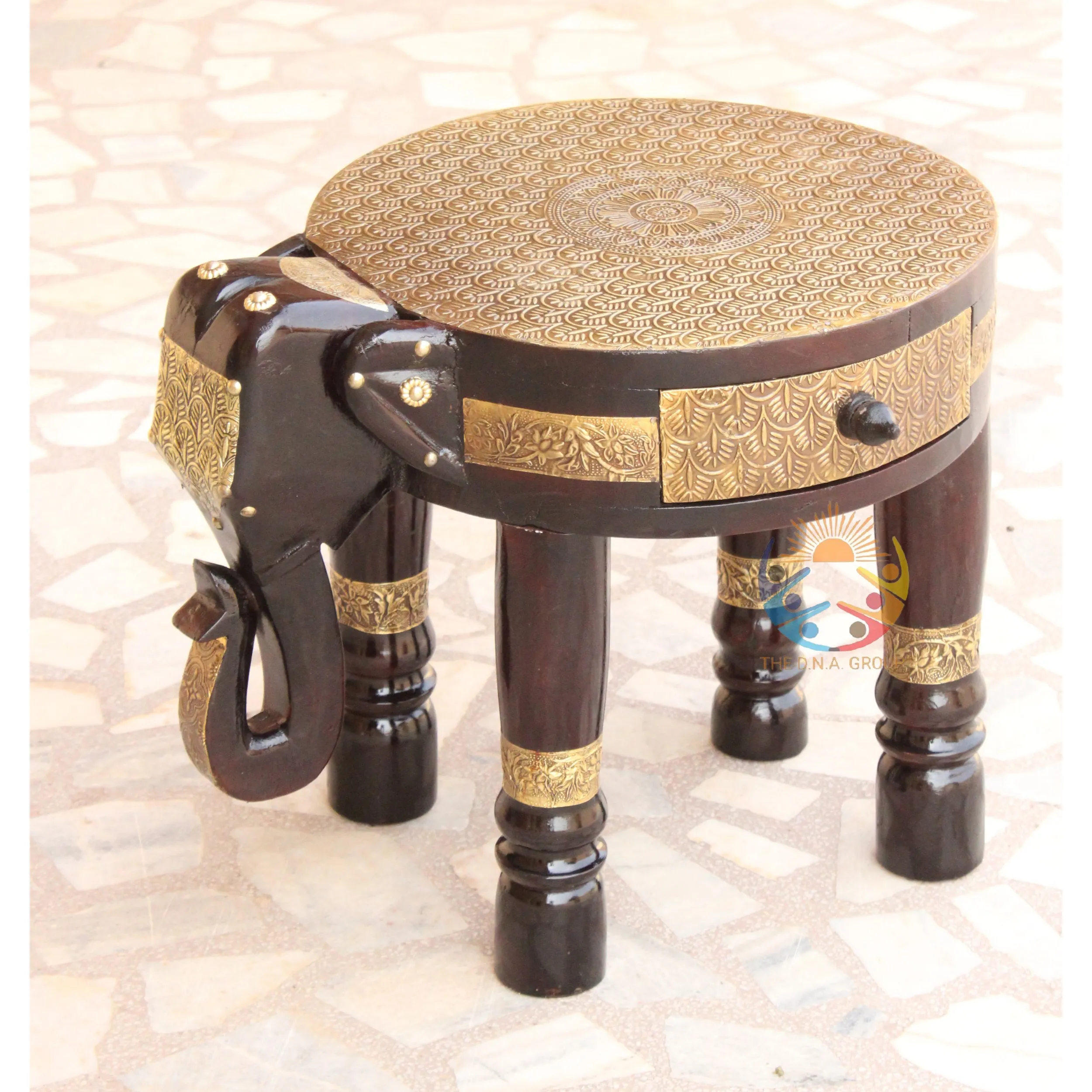Beautiful Design Brass fitted wooden elephant Stool and flower vase stand for home and kitchen Indian Handicraft Art