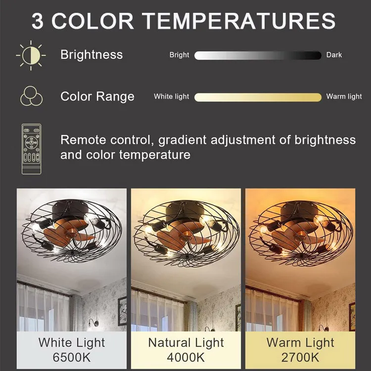 Indoor Low Profile Rustic Fan Light Small Flush Mount Industrial Black Iron Reversible Caged Flush Mount Ceiling Fan with Light