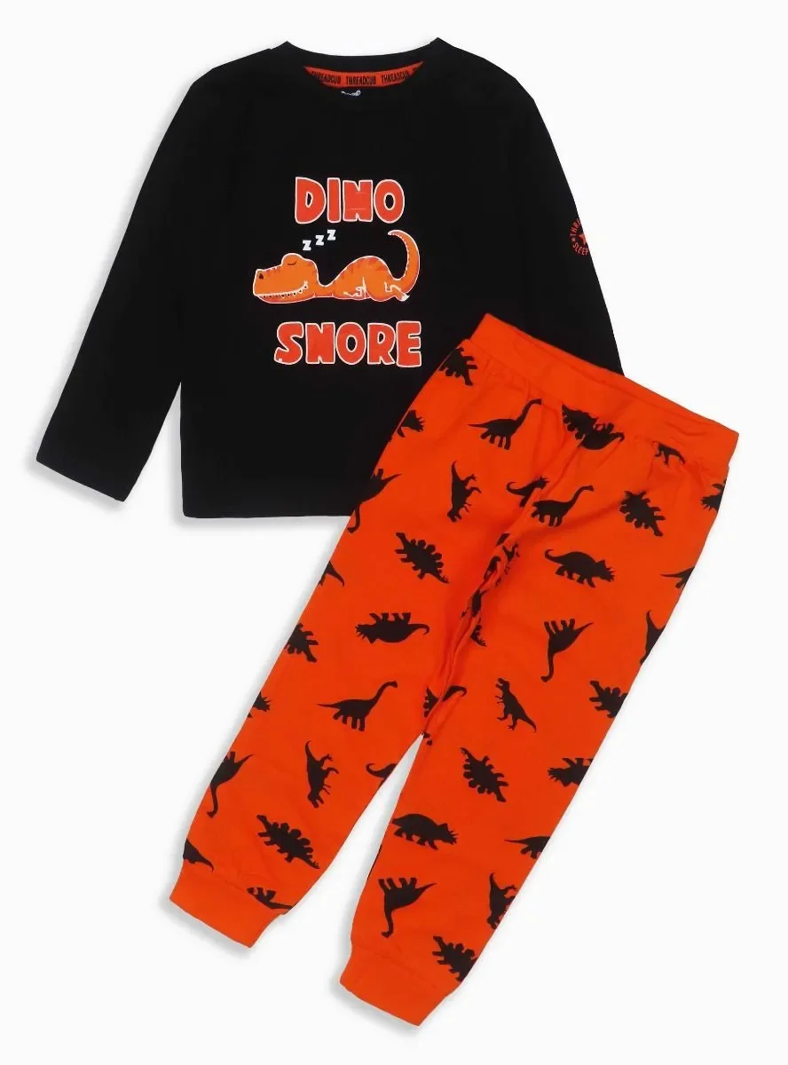 Export Quality Boys Pyjama Sets Cotton Orange All Over Print Pant and Black Long Sleeve T Shirt Set for Boys Wholesale Clothing