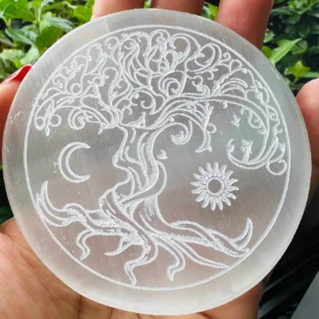 Selenite Charging Plate Crystal Charging Grid Plate/Disc Healing Crystal Energy Healing Engraved Selenite Charging Plate