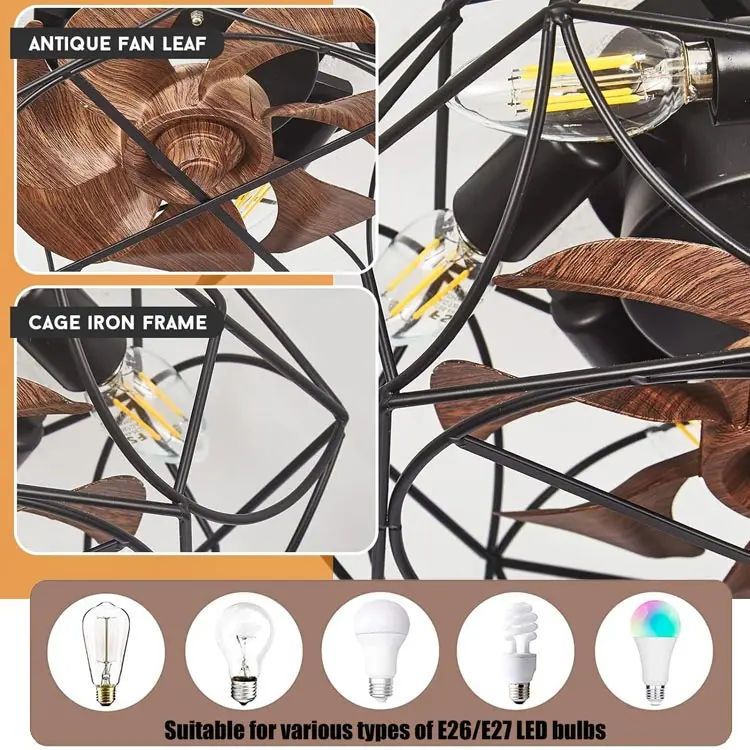 Indoor Low Profile Rustic Fan Light Small Flush Mount Industrial Black Iron Reversible Caged Flush Mount Ceiling Fan with Light