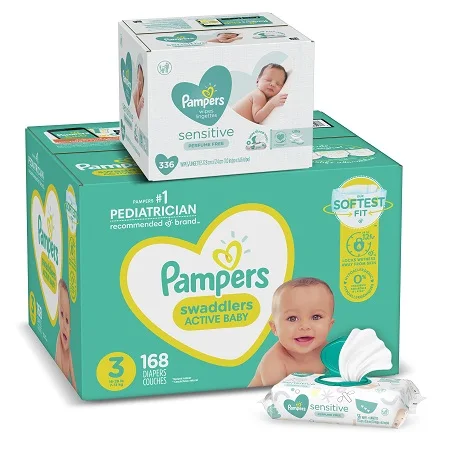 Diapers Size 3, 168 Count and Baby Wipes - Pampers Swaddlers Disposable Baby Diapers and Water Baby Wipes Sensitive Pop-Top Pack
