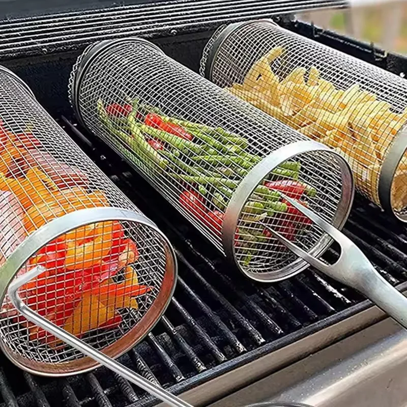 Portable Bbq Net Tube Rolling Grilling Basket Net Outdoor Camping Barbecue Rack Bbq Grill Basket for Roasting Meat