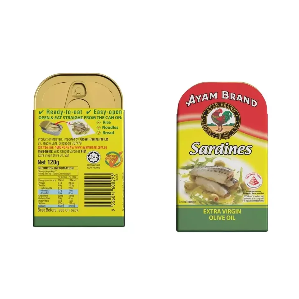 Лучшие продажи 24 банок x120g/коробка вареной рыбы морепродукты Белка 3 соленая Ayam консервированные сардины в оливковое масло с пикантным вкусом