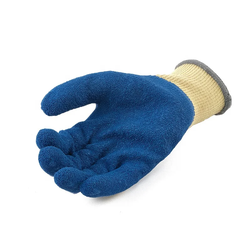 Heat Flame Resistant Burn Resistant Aramid 1414 Fiber ANSI A3 Anti Cut Level 5 Cut Resistant Blue Crinkle Latex Coated Gloves