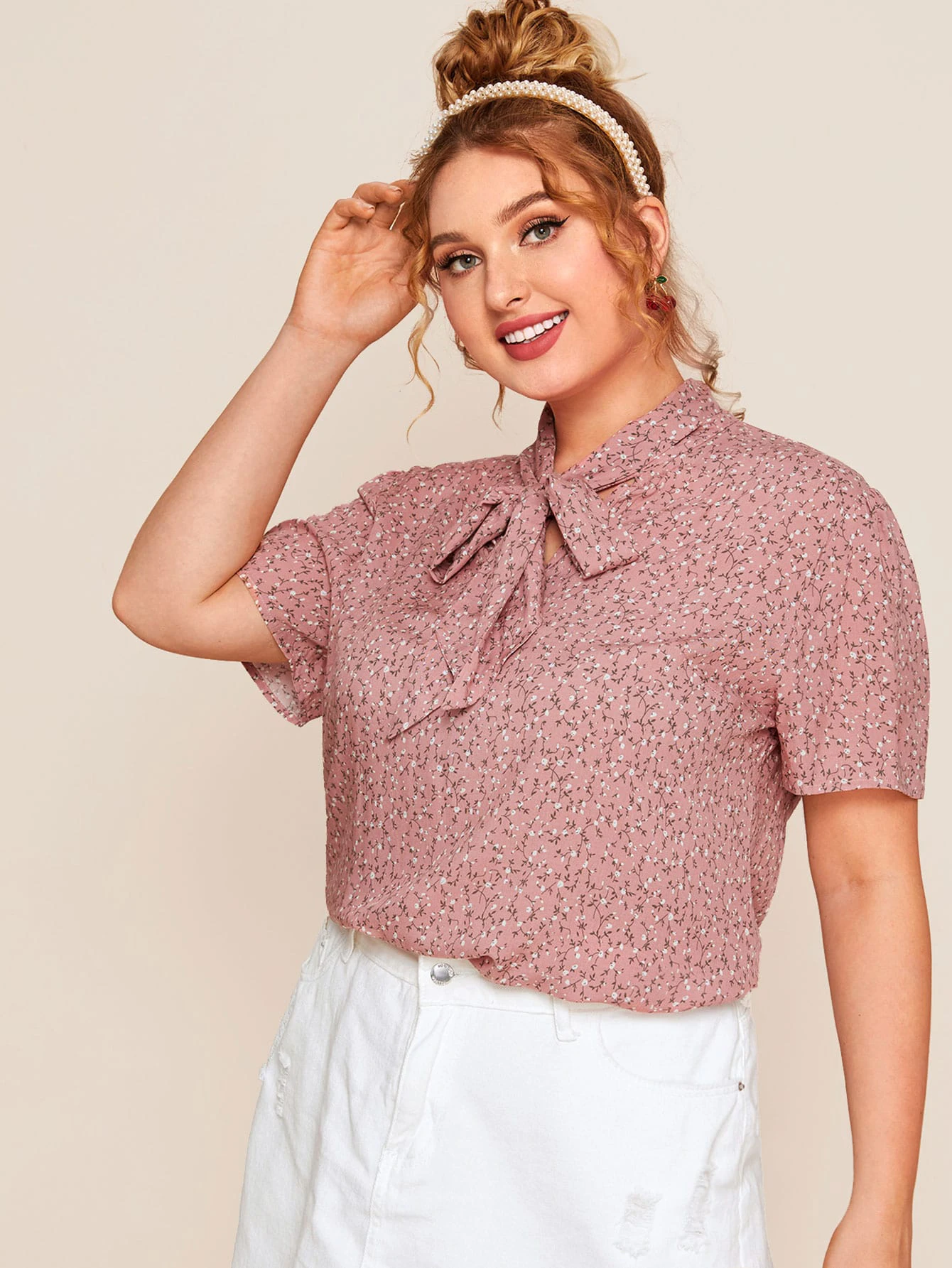 Fashion Womens Summer Elegant Pink Floral Blouse Women Tops Plus Size Blouses With Bows