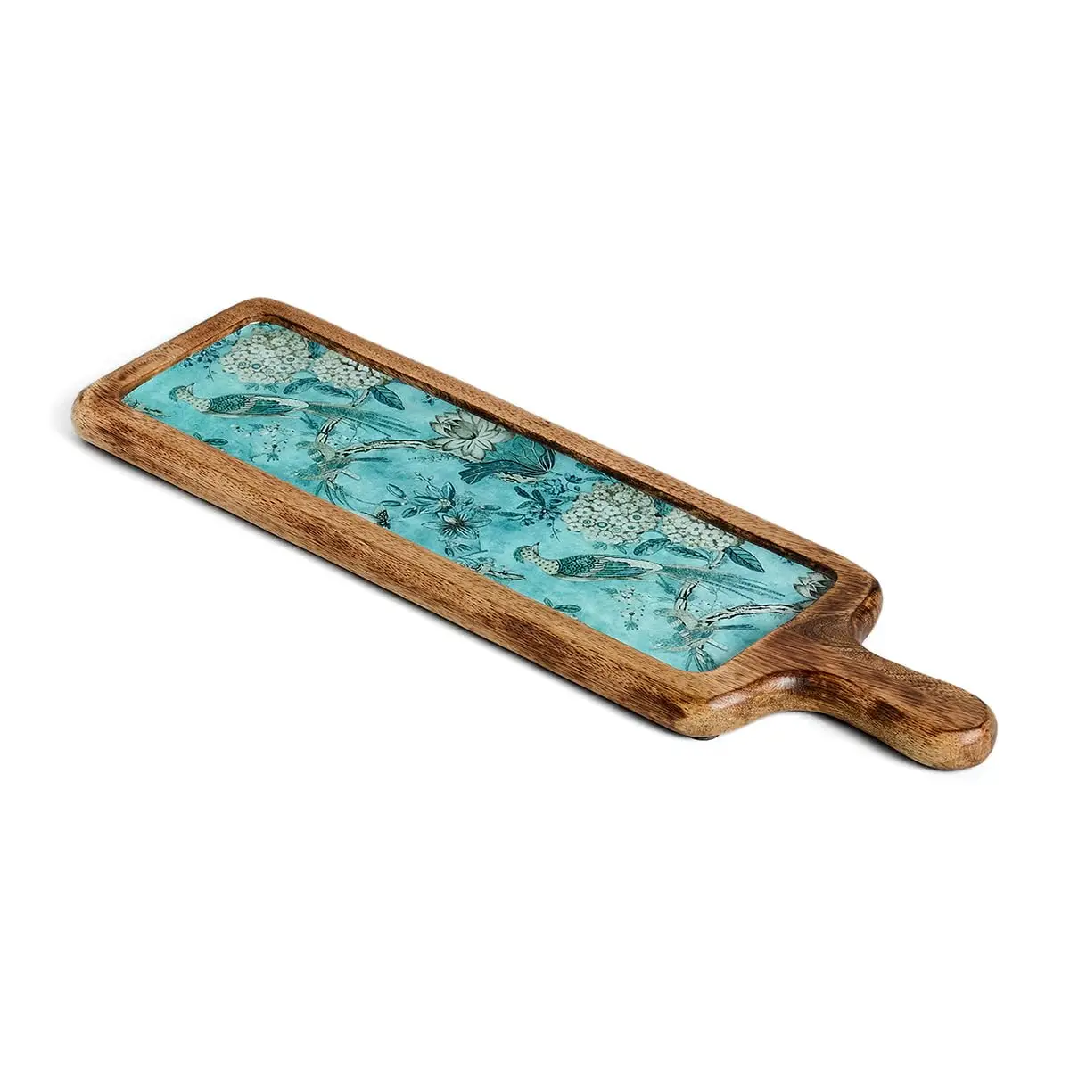 Premium Vantage Mango Wood Handy Platter Printed Serving Tray with Handle Appetizer Plate for Home & Restaurant Brown & Blue