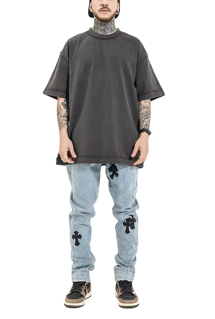 Custom Cut And Sew T Shirt 100% Cotton Graphic Printing Heavyweight Bleach Acid Wash Vintage Plus Size Men Oversized Tshirt