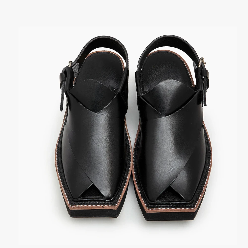 Height increasing men Peshawar sandal anti slippery pu chappal black color rubber sole buckle strap shoes Pakistani culture
