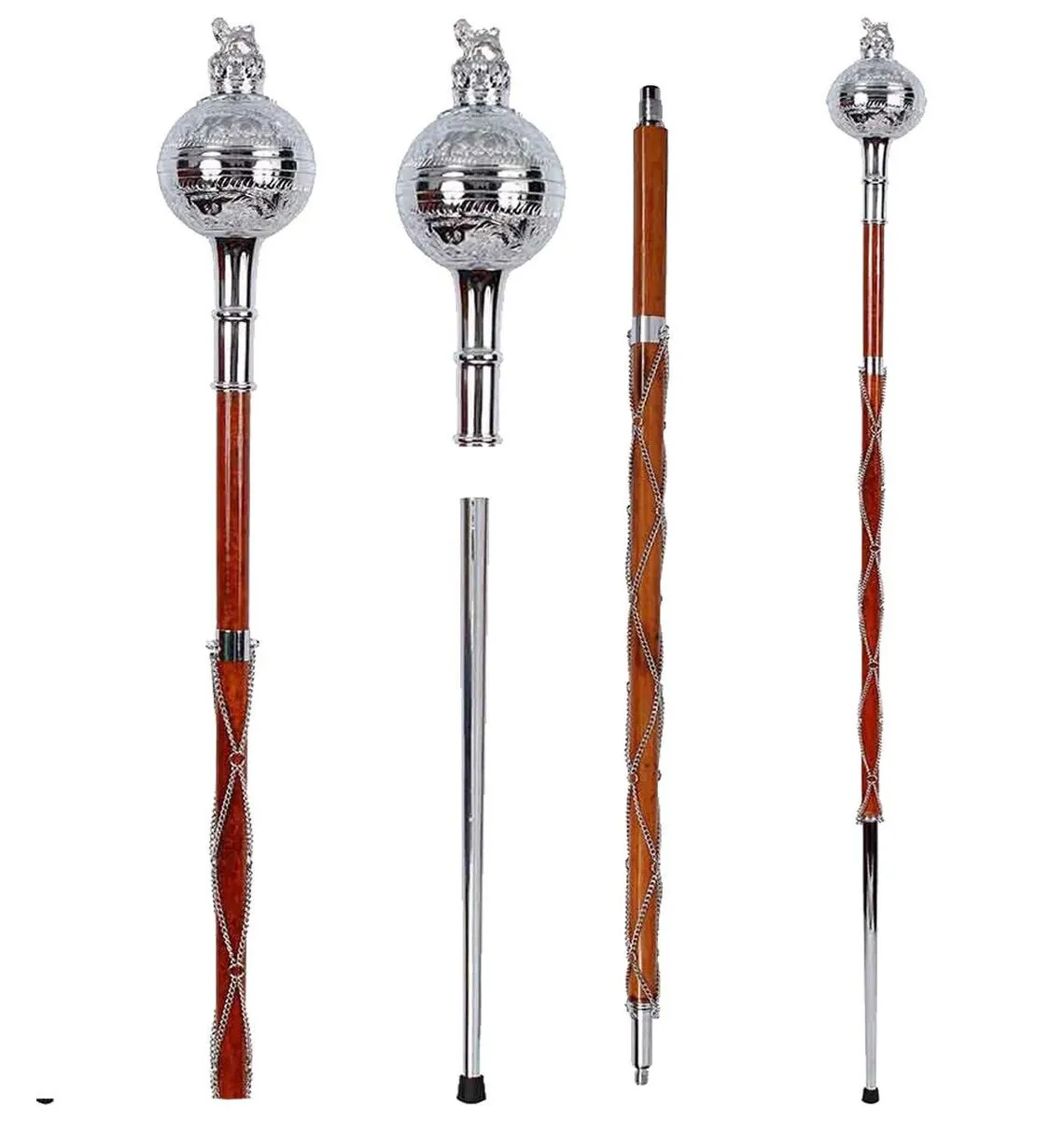 Drum Major Mace & Stick Embossed Head Ball Chrome Lion And Crown Top 3 Part