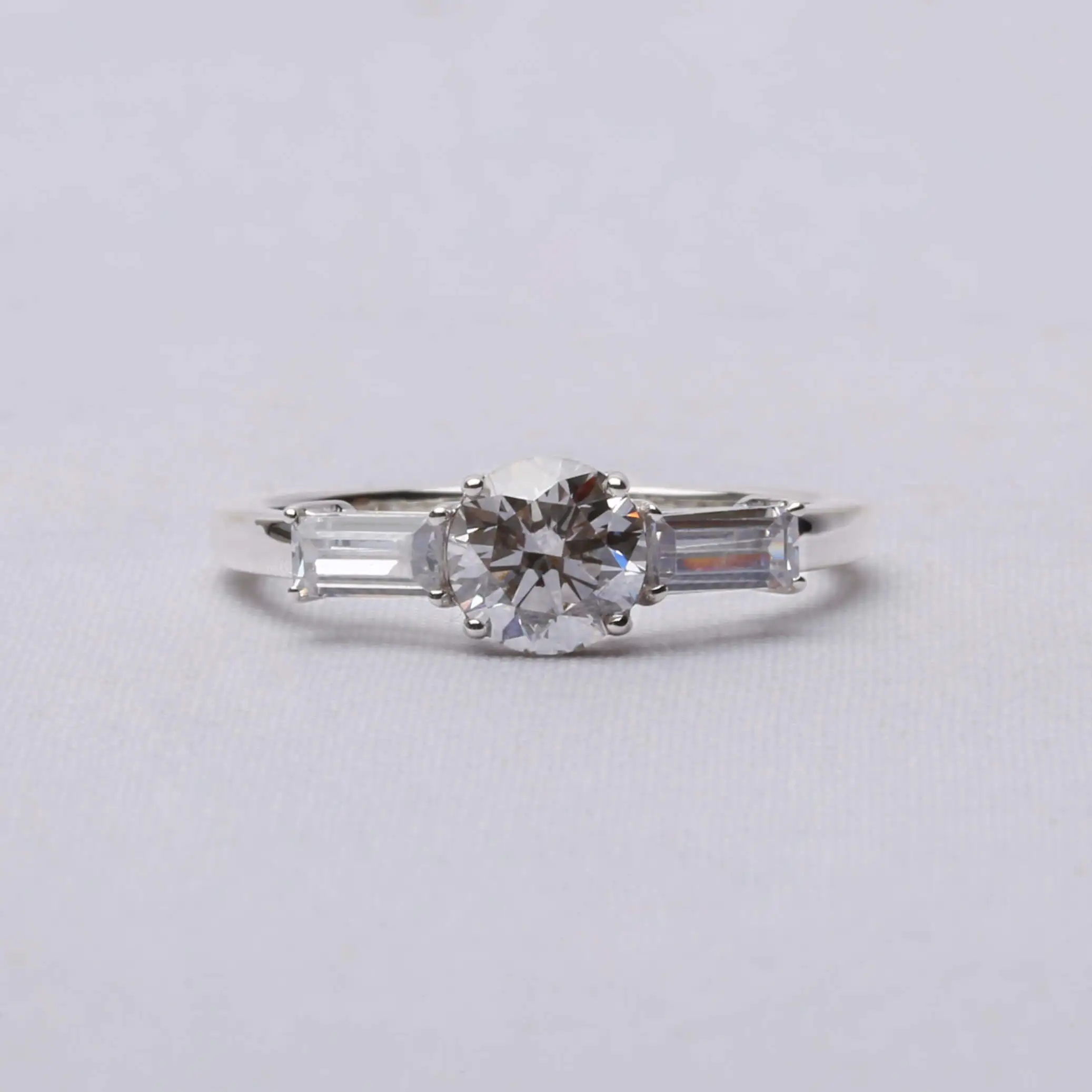 1 CT Round Lab Grown Diamond Three Stone Engagement Ring With Emerald Cut Side Conflict Free Diamond Ring