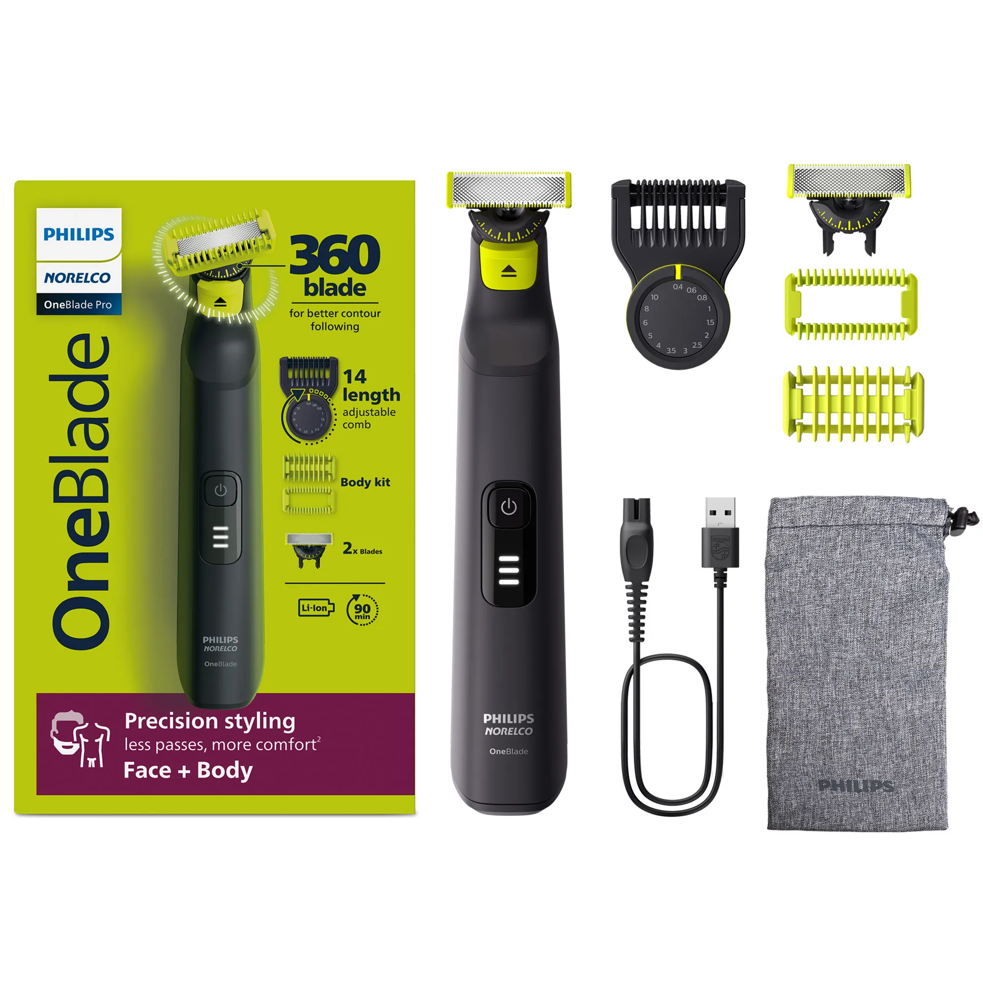 Гибридная электробритва Philipss Norelco Oneblade 360 Pro для лица и тела Мужская перезаряжаемая QP6542/70